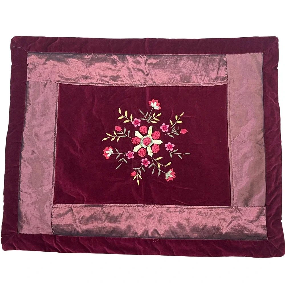 Pair Peking Handicraft Burgundy Velvet Ribbon Embroidery Standard Pillow Shams